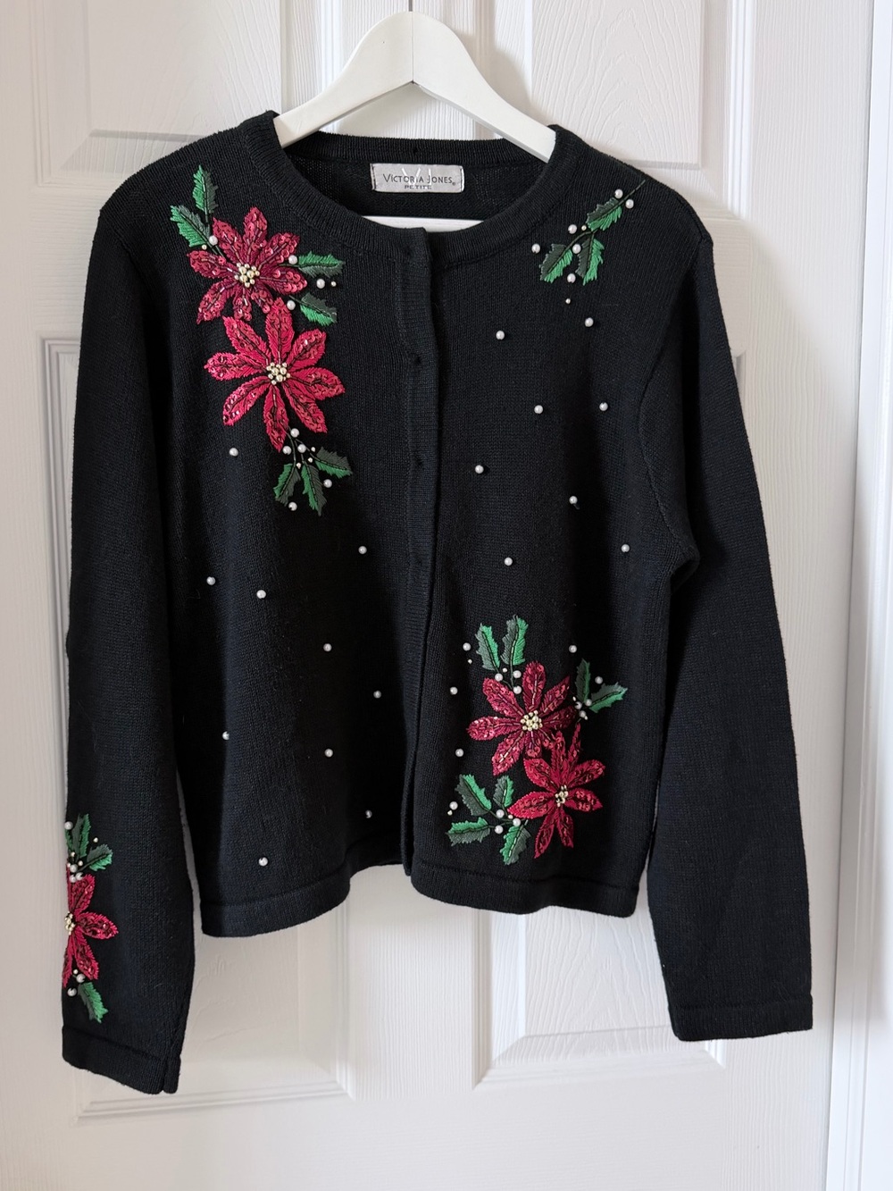 Vintage Victoria Jones Holiday Sweater Cardigan Poinsettias